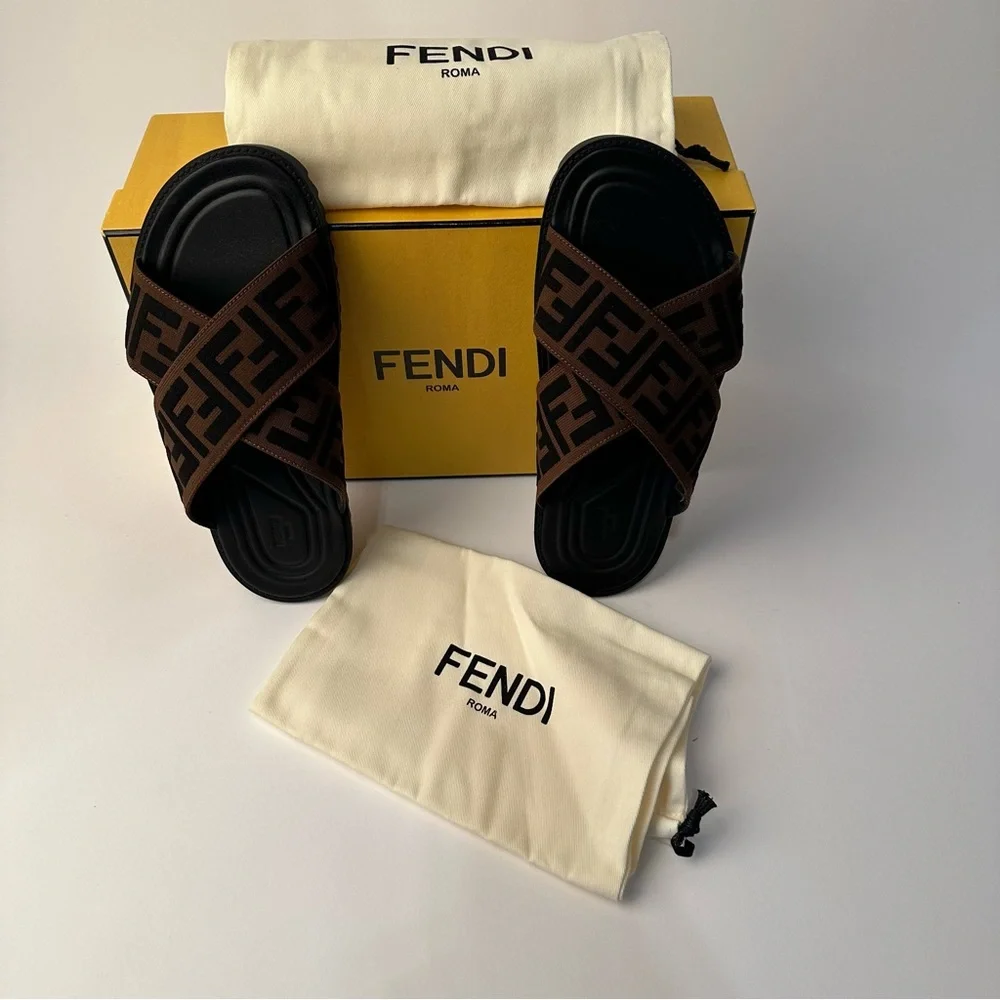 Fendi Men's Black and Brown Logo Slide Sandals - Picture 7 of 7
